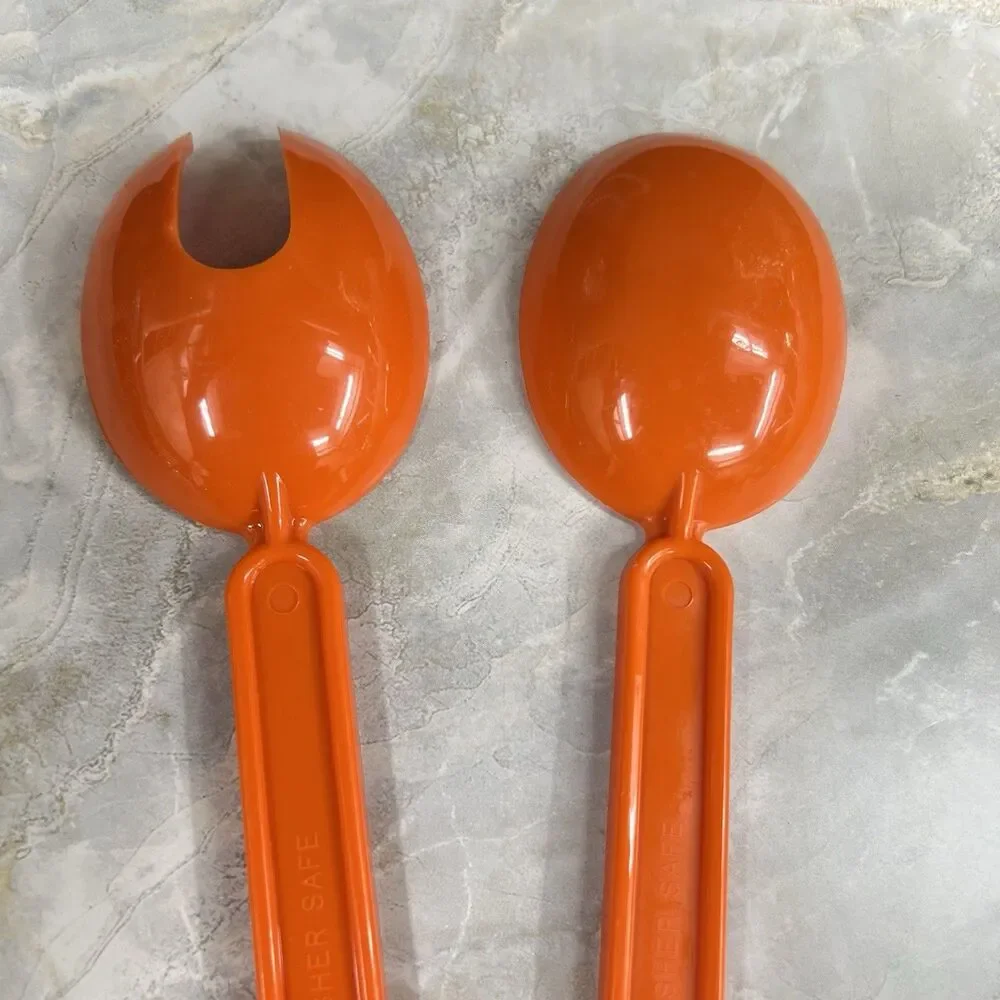 VINTAGE 1970s MCM Salad Serving Utensils Orange Melamine Spoon Slotted Fork
